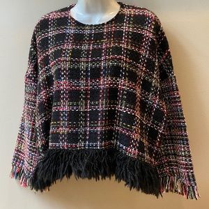 Zara Woman Black Multi-coloured Woven Tweed Sweater Fringe hem and cuff. Size M
